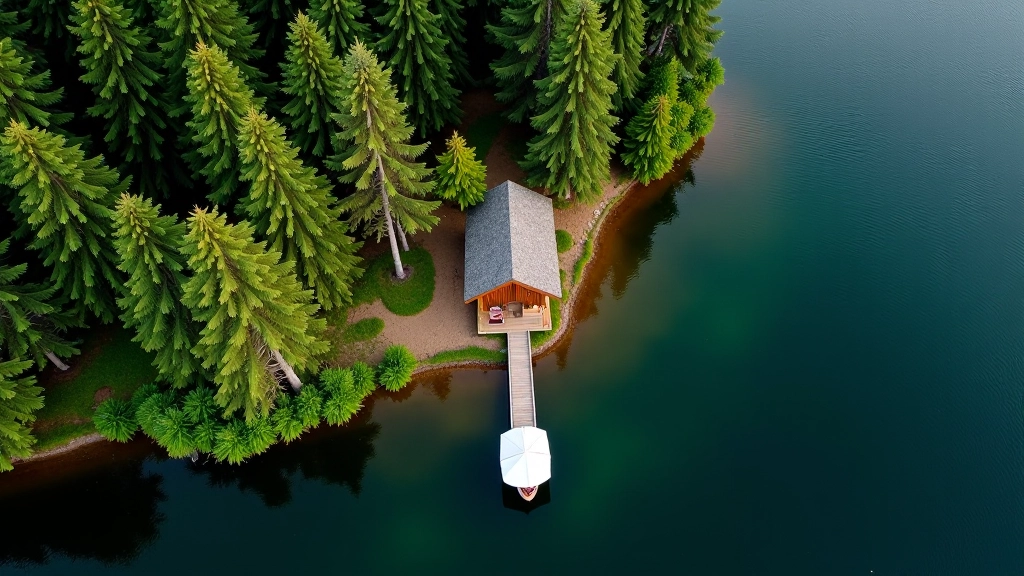 Aerial view of wooden lakeside cabin surrounded by pine trees with private boat dock and water access