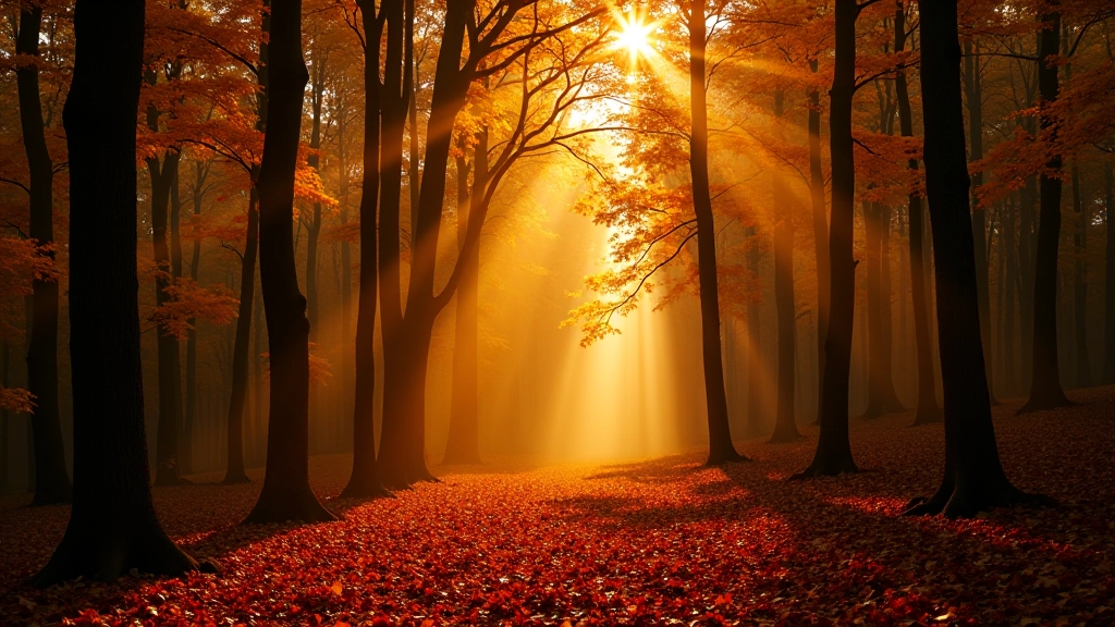 Autumn forest with golden light and orange-red leaves covering the forest floor between tall trees