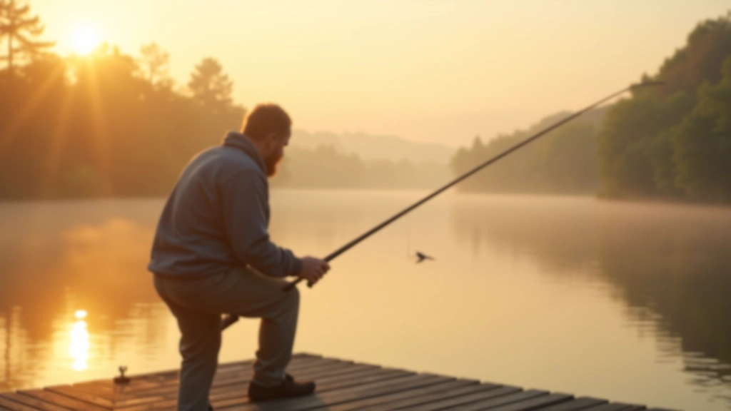 Person fishing from wooden dock at sunrise with misty lake landscape and forested shoreline in background