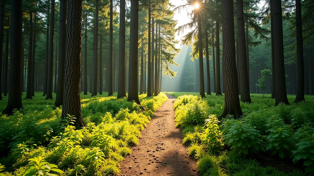 Forest hiking trail winding through tall trees with natural light filtering through canopy