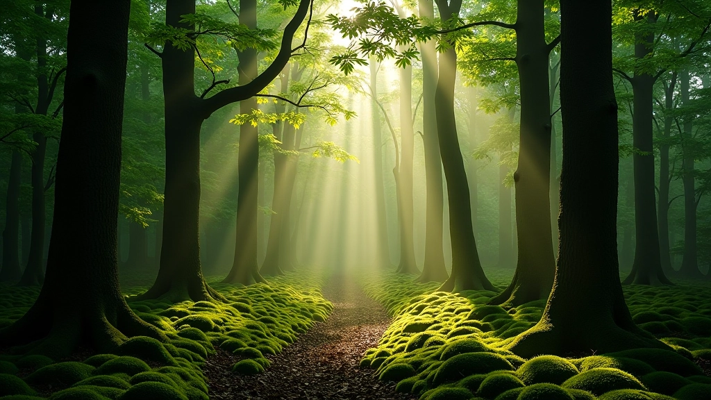 Dappled sunlight filtering through beech and oak tree canopy in misty morning forest