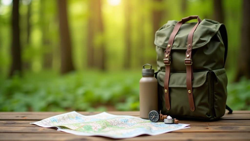 Backpack, water bottle, and map laid out on wooden table with forest background visible
