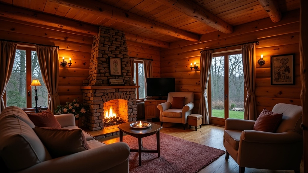 Cozy cabin interior with fireplace, wooden beams, comfortable seating area and warm lighting for evening relaxation