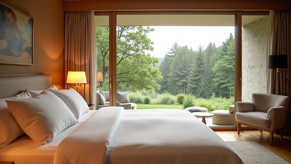 Comfortable spa hotel room with thermal water view, wellness amenities, and cozy accommodation