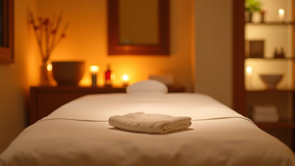 Professional spa treatment room with massage table, soft lighting, and calming wellness aesthetic