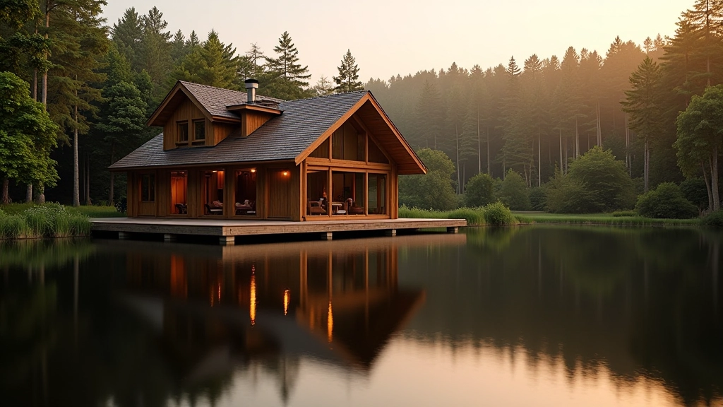 Peaceful spa resort with wooden spa house overlooking calm waters at sunset in Lithuania