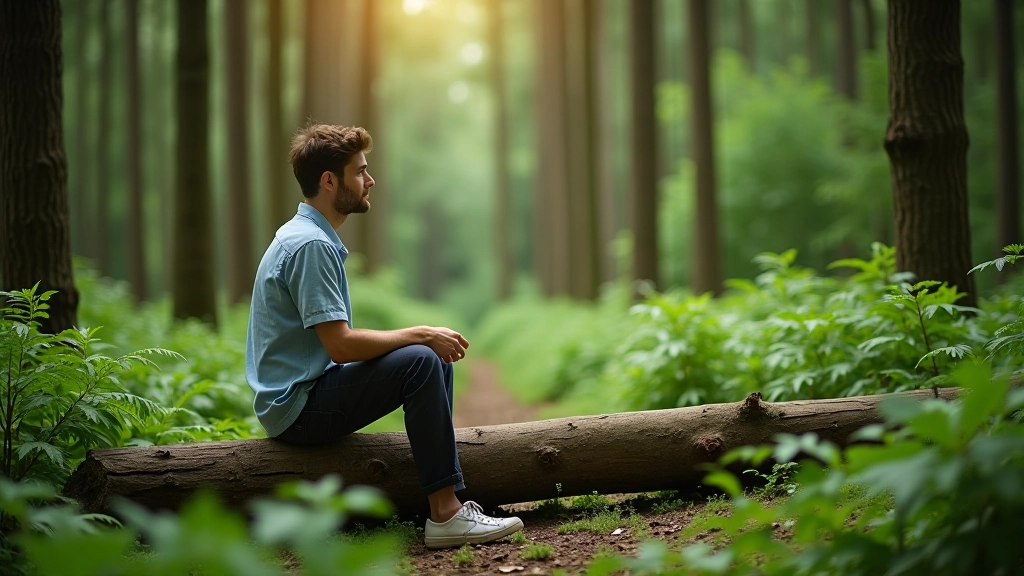 Person sitting on fallen log in forest clearing, surrounded by green ferns and tall trees