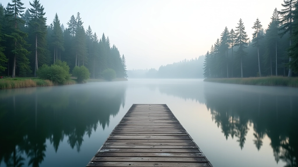 Peaceful lake with wooden dock in Aukštaitija forest surrounded by tall pine trees