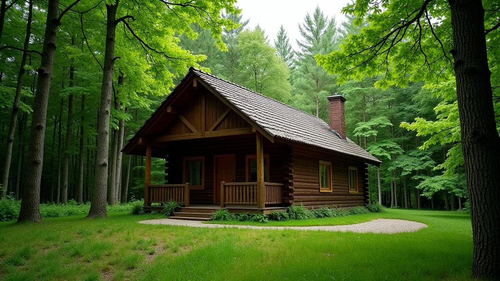 Rustic wooden cottage nestled among tall forest trees in Aukštaitija National Park
