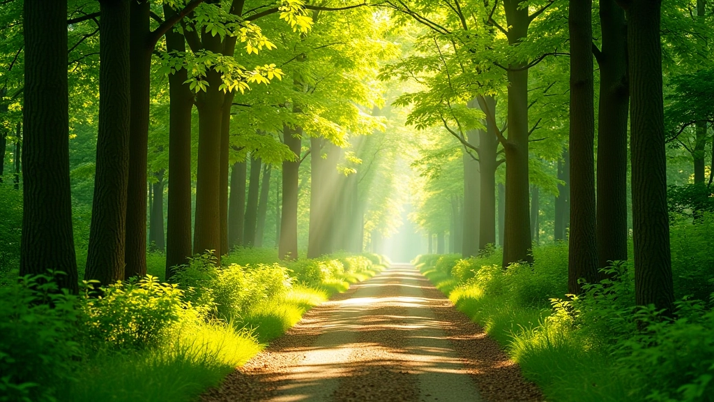 Peaceful forest path with natural light filtering through trees