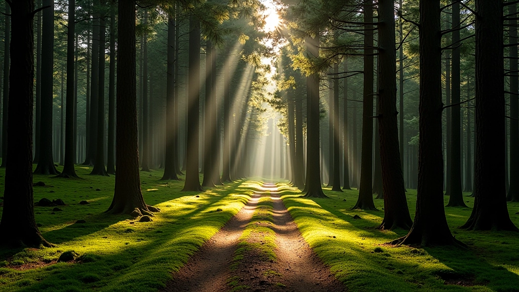Peaceful forest trail with dappled sunlight filtering through canopy of green trees