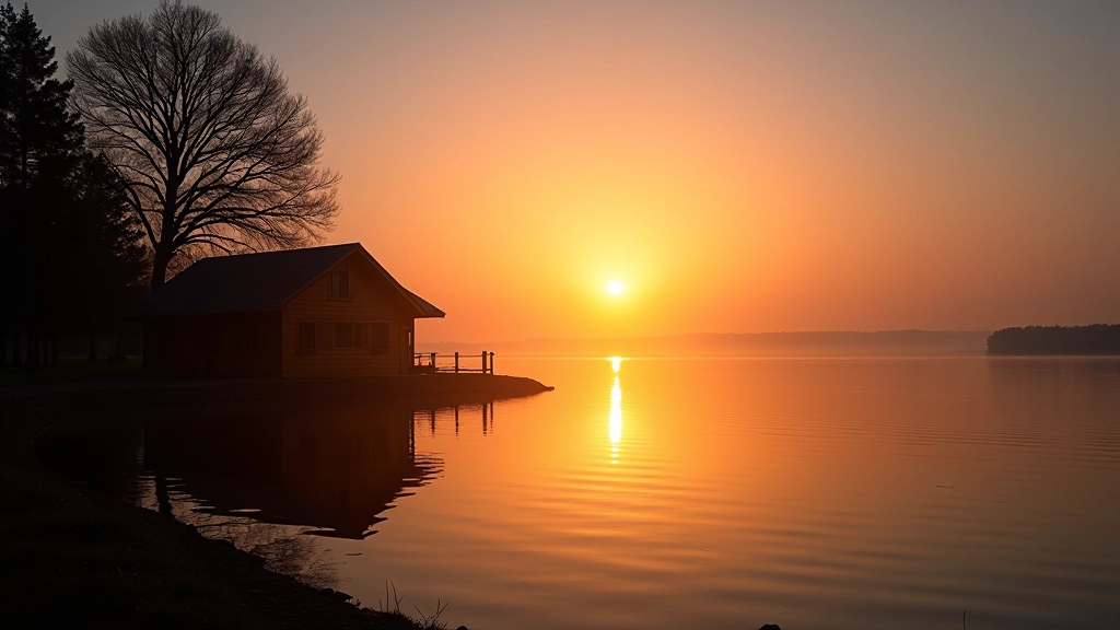 Peaceful sunset view over Trakai's calm lake with cabin lights reflecting on the water