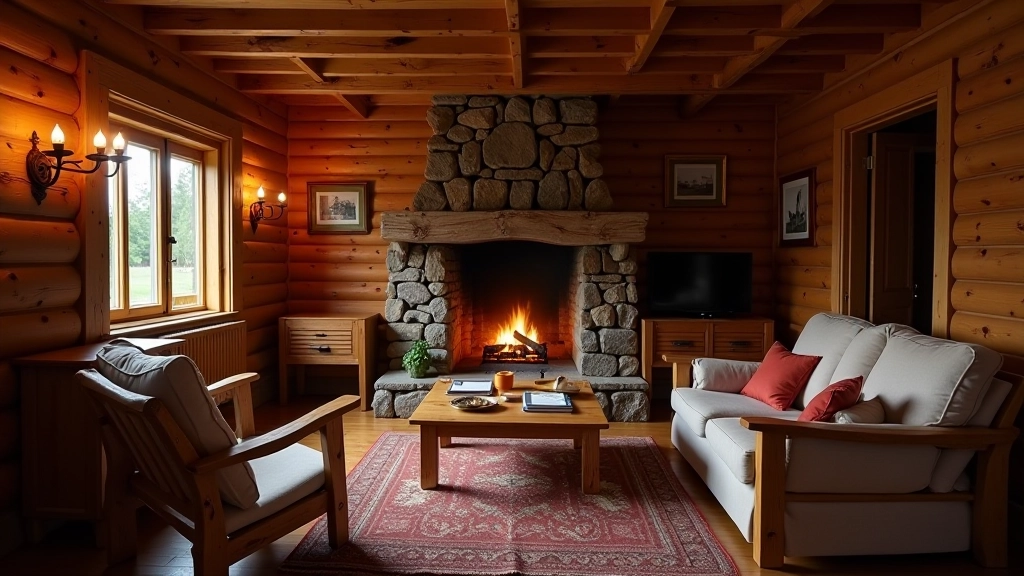 Cozy wooden cabin interior with traditional fireplace and rustic furnishings