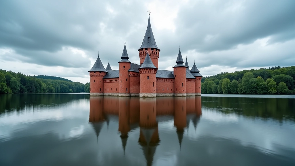 Trakai Island Castle reflected in calm lake water with medieval red brick architecture and surrounding forest