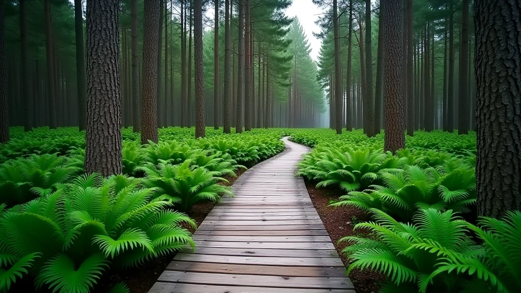 Wooden hiking trail boardwalk winding through old-growth spruce forest with ferns